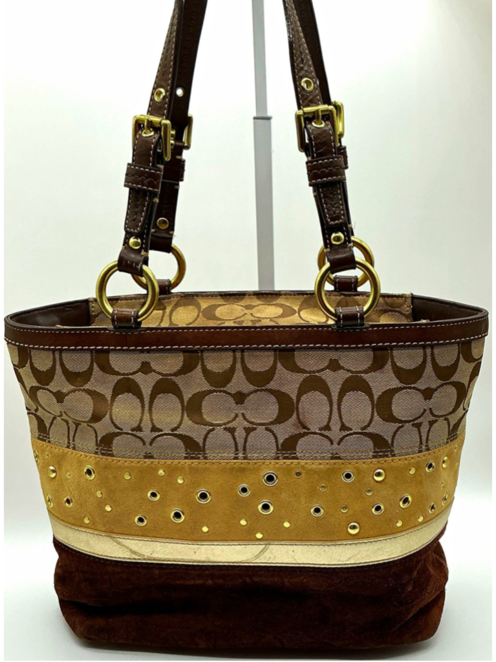 Coach 11307 Signature Gallery Tote Brown Suede Jacquard Grommet Y2K Bag
